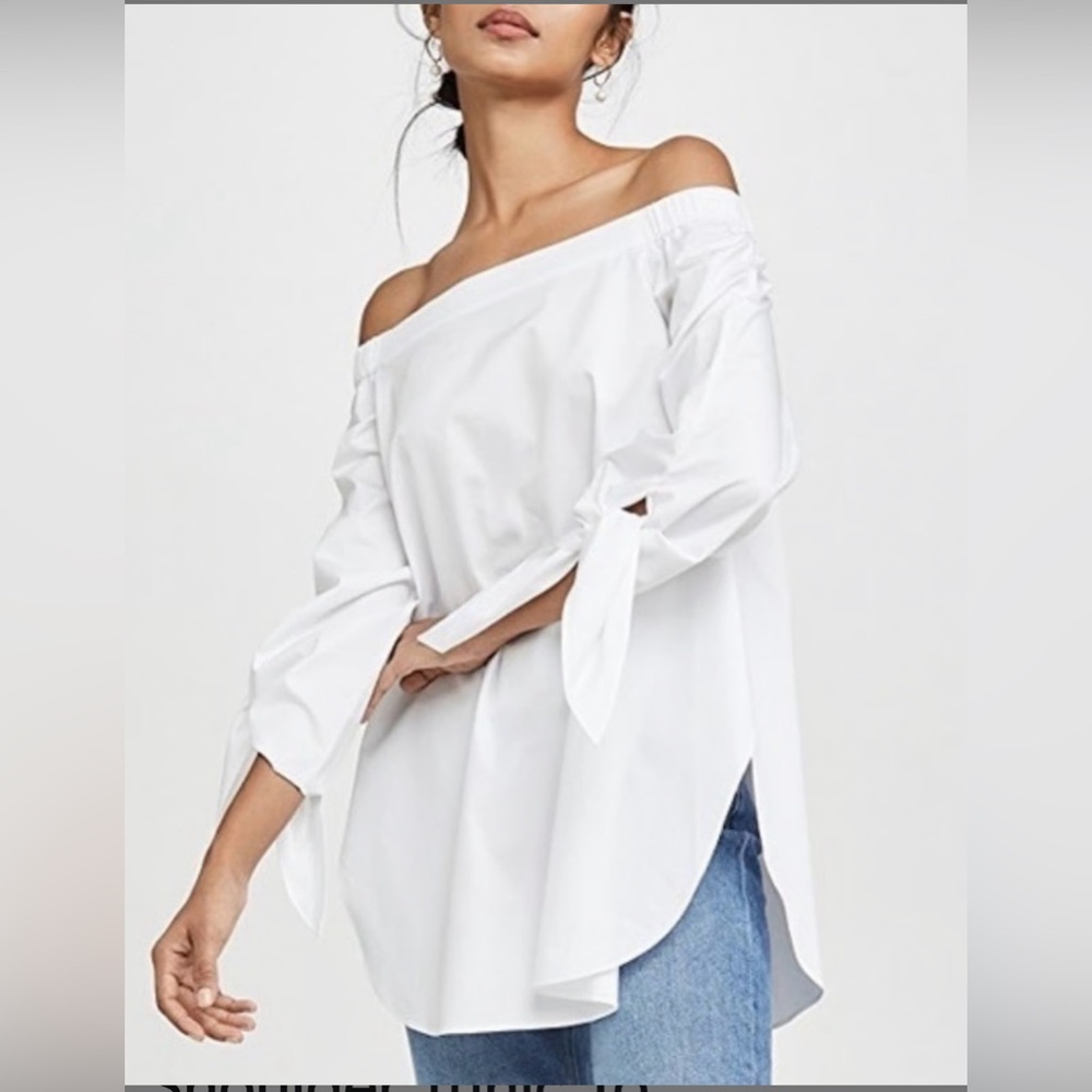 Tibi Size 6 White Poplin Off the Shoulder Shirt